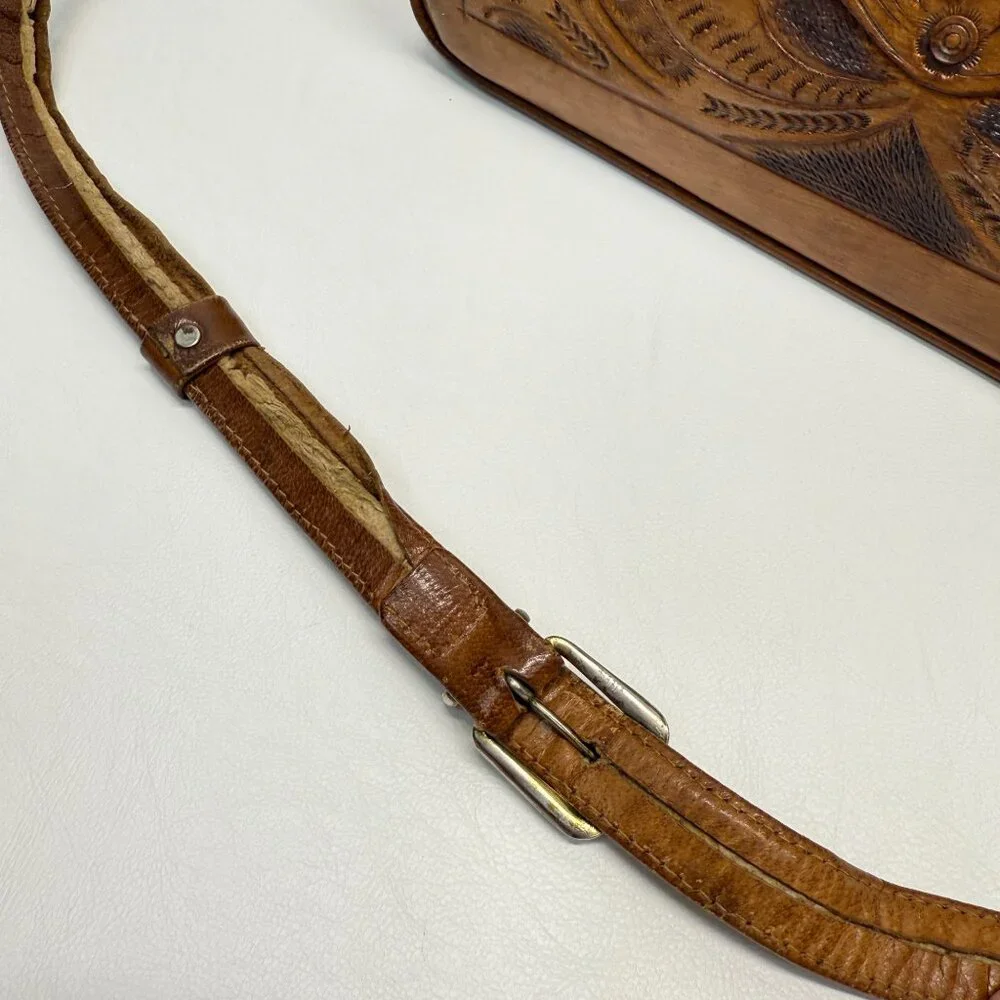 Vintage Hand Tooled Leather Shoulder Bag Made In Mexico Rose Flower - Picture 11 of 16